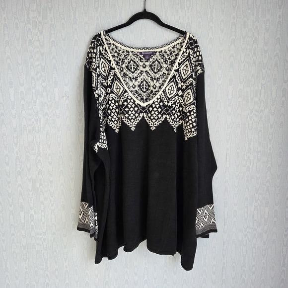 Roaman's Sweaters - Roamans Womens 34/36 Sweater Fair Isle Chunky VNeck Black White Winter Apres Ski